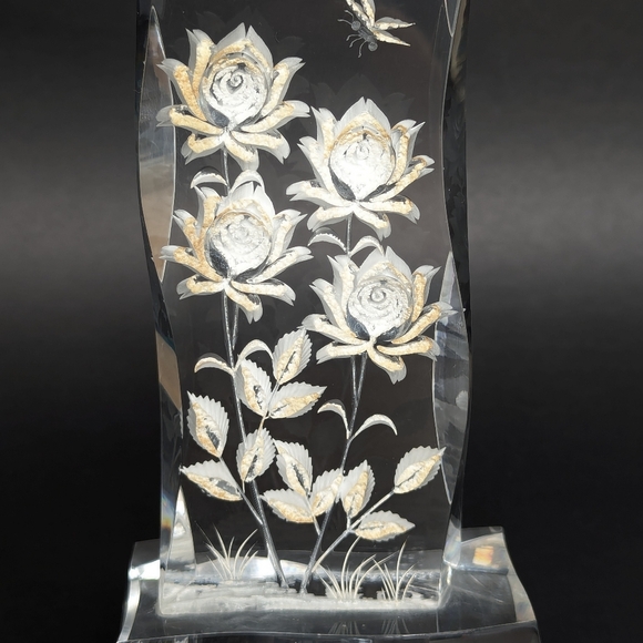 Vintage Reverse Carved Rose & Butterfly Design Lucite / Acrylic Paperweight - Picture 7 of 11